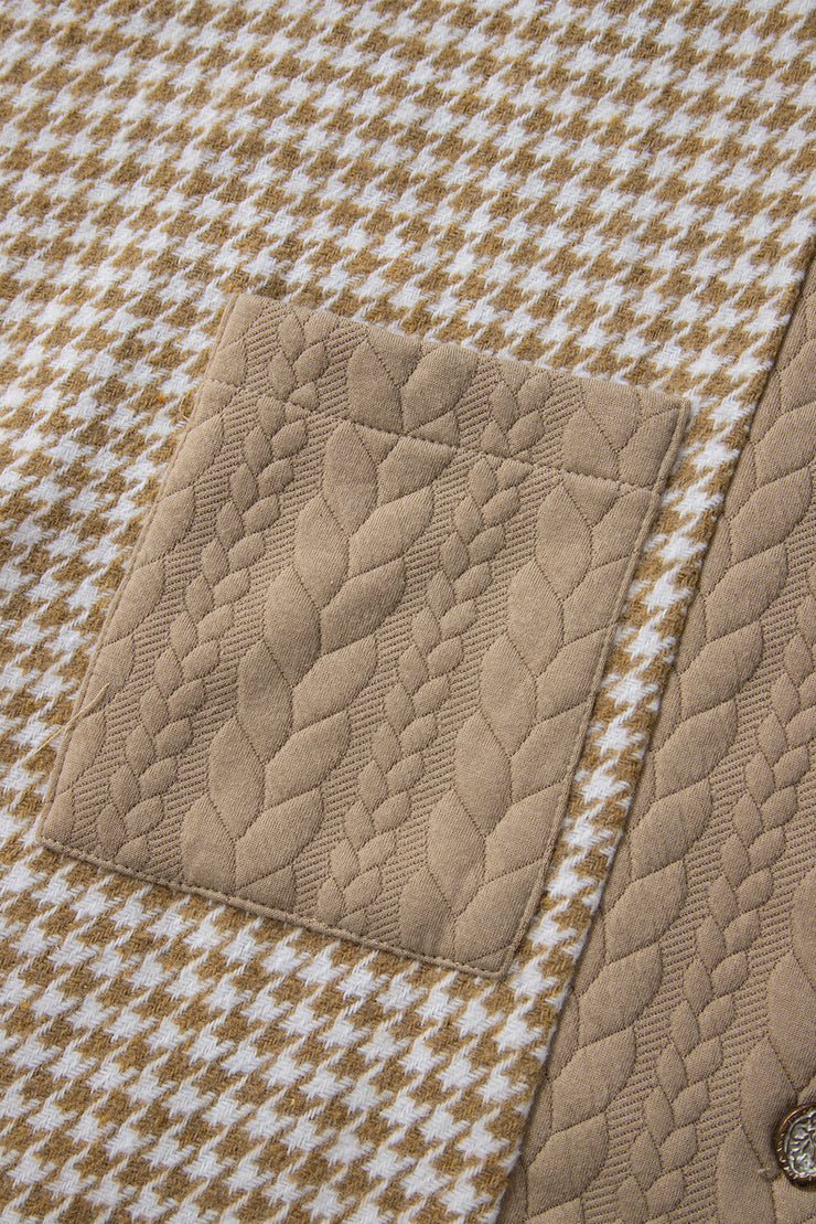 Khaki Houndstooth Color Contrast Textured Patchwork Loose Shacket