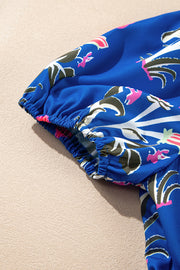 Sky Blue Floral Puff Short Sleeve V Neck High Waist Maxi Dress