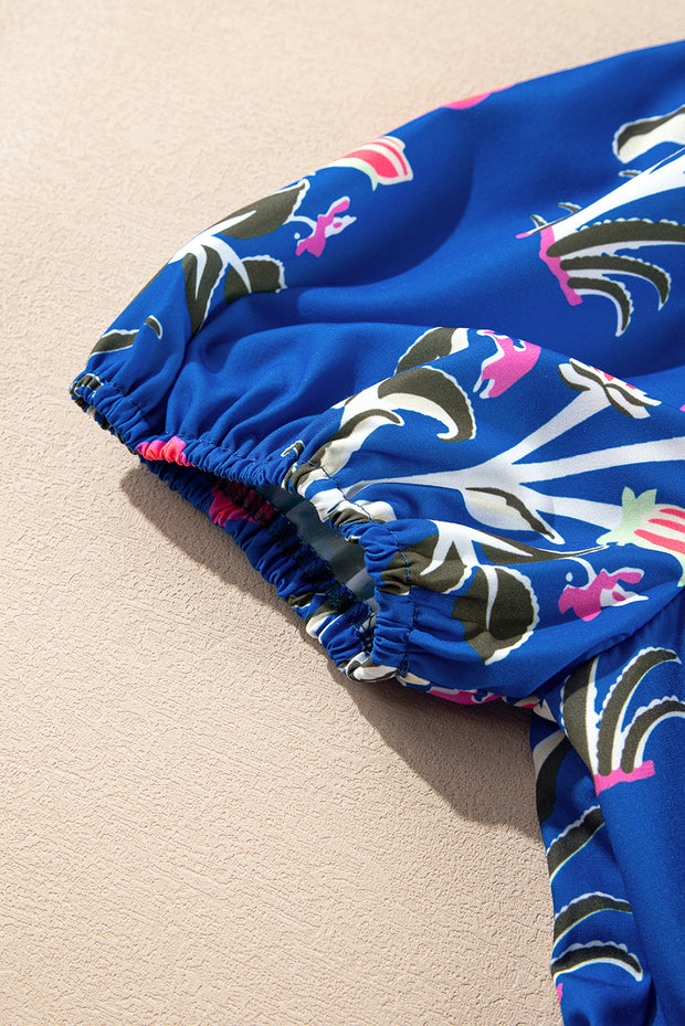 Sky Blue Floral Puff Short Sleeve V Neck High Waist Maxi Dress