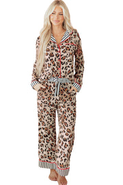 Khaki Leopard Print Colorblock Striped Edge Shirt and Pants Pajama Set
