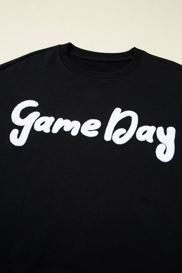 Black Chenille Game Day Graphic Drop Shoulder Sweatshirt