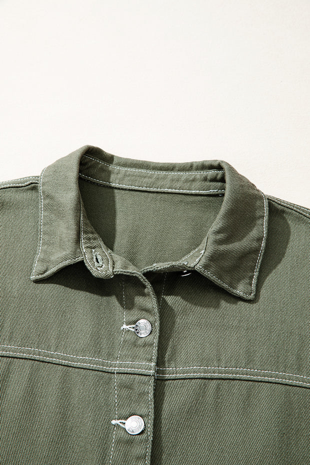 Smoke Green Patched Pocket Collared Button Front Boyfriend Denim Jacket