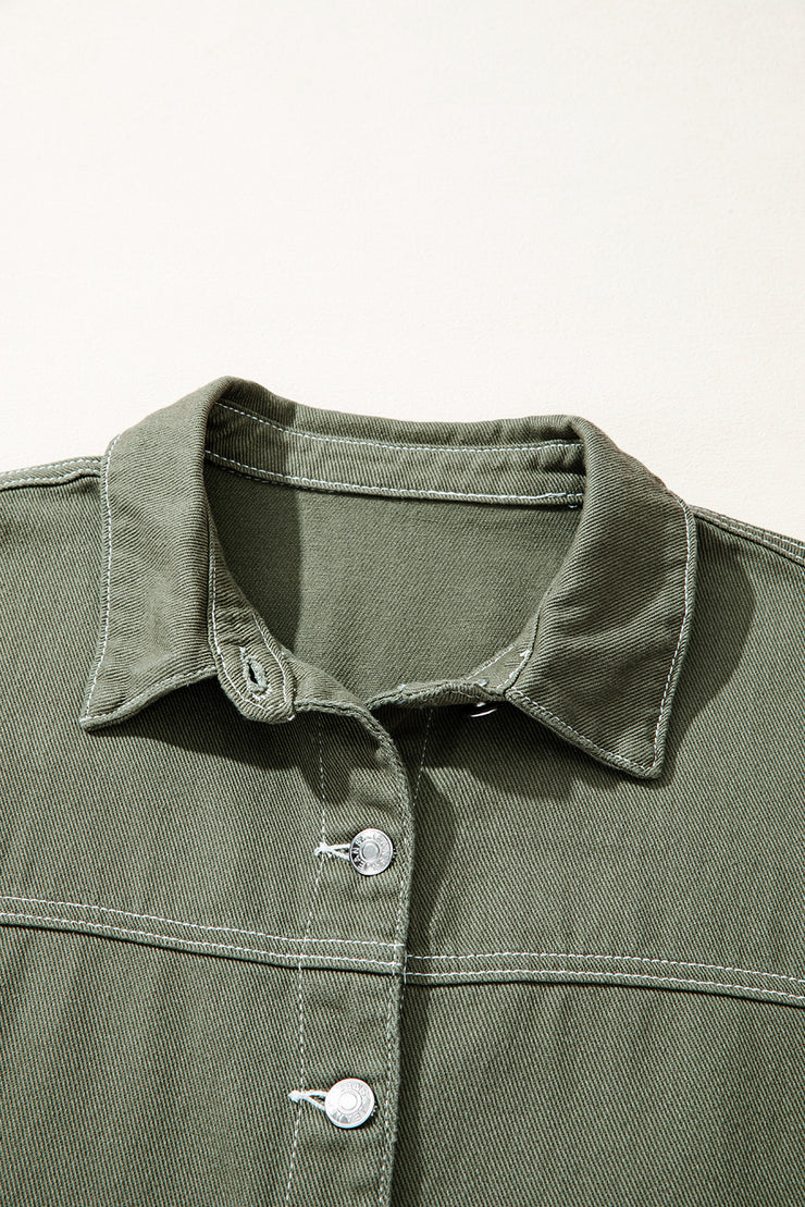 Smoke Green Patched Pocket Collared Button Front Boyfriend Denim Jacket