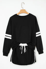 Black Varsity Stripe Detail Drop Shoulder Pullover Mini Skirt Set