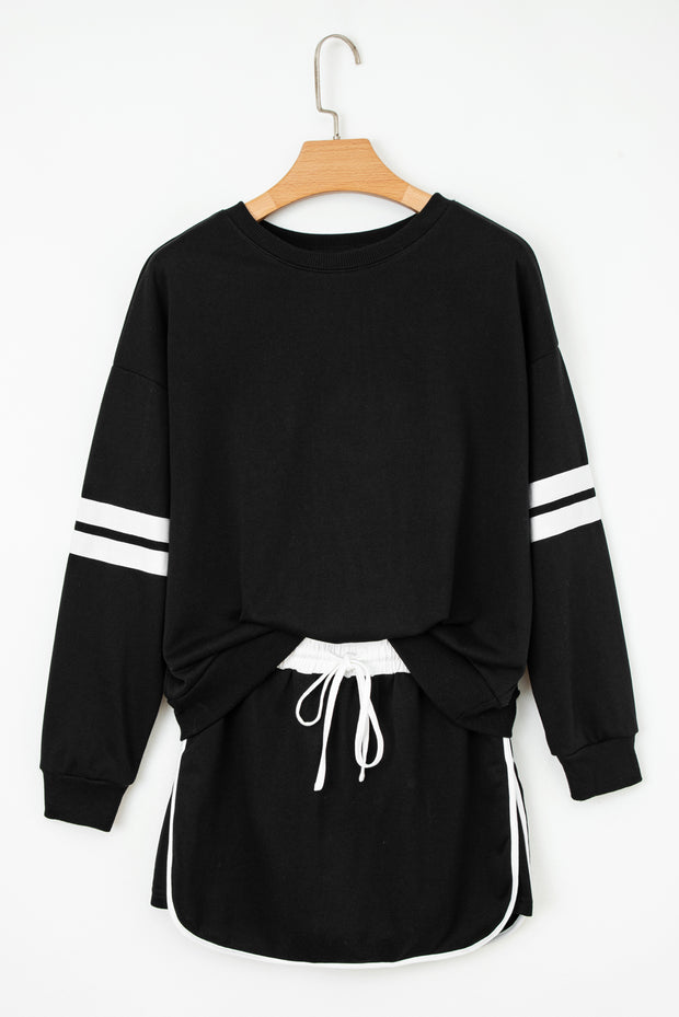 Black Varsity Stripe Detail Drop Shoulder Pullover Mini Skirt Set
