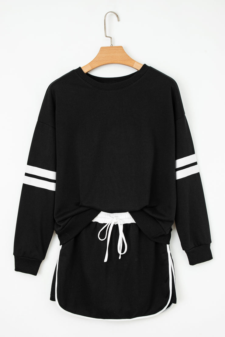 Black Varsity Stripe Detail Drop Shoulder Pullover Mini Skirt Set
