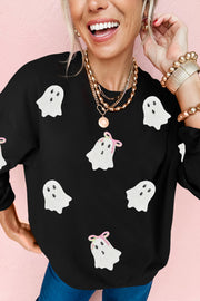 Black Sequin Cute Bow Ghost Graphic Crew Neck Halloween Sweatshirt