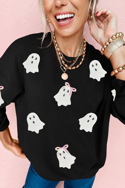 Black Sequin Cute Bow Ghost Graphic Crew Neck Halloween Sweatshirt