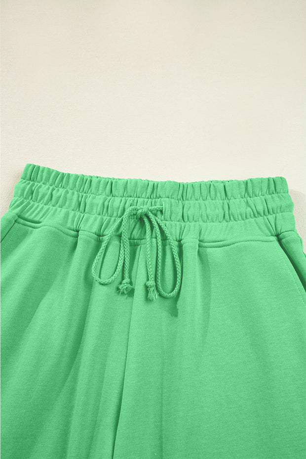 Bright Green Drop Shoulder Puff Sleeve Crop Pullover Drawstring Wide Leg Pants Set