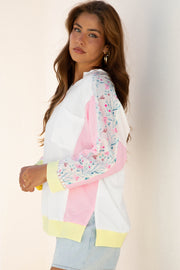 White Floral Colorblock Patchwork Chest Pocket Notched Neck Long Sleeve Top