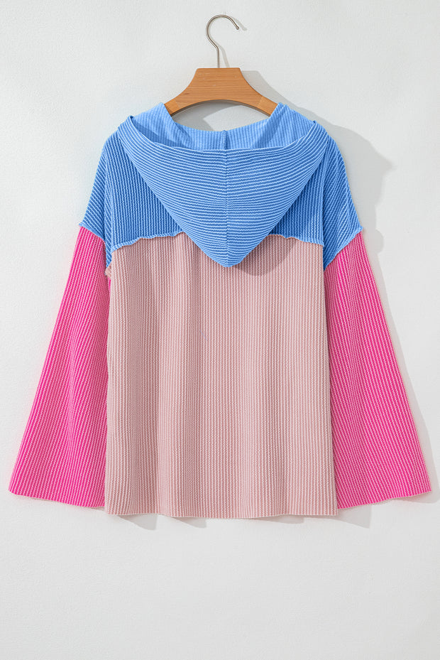 Pink Color Block Patchwork Corded Knit Loose Fit Hoodie