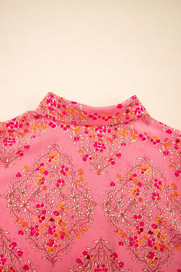 Rose Red Floral Print Wide Short Sleeve Loose Shirt