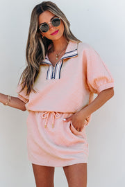 Light Pink Striped Collared Zip up Textured Skirt Set