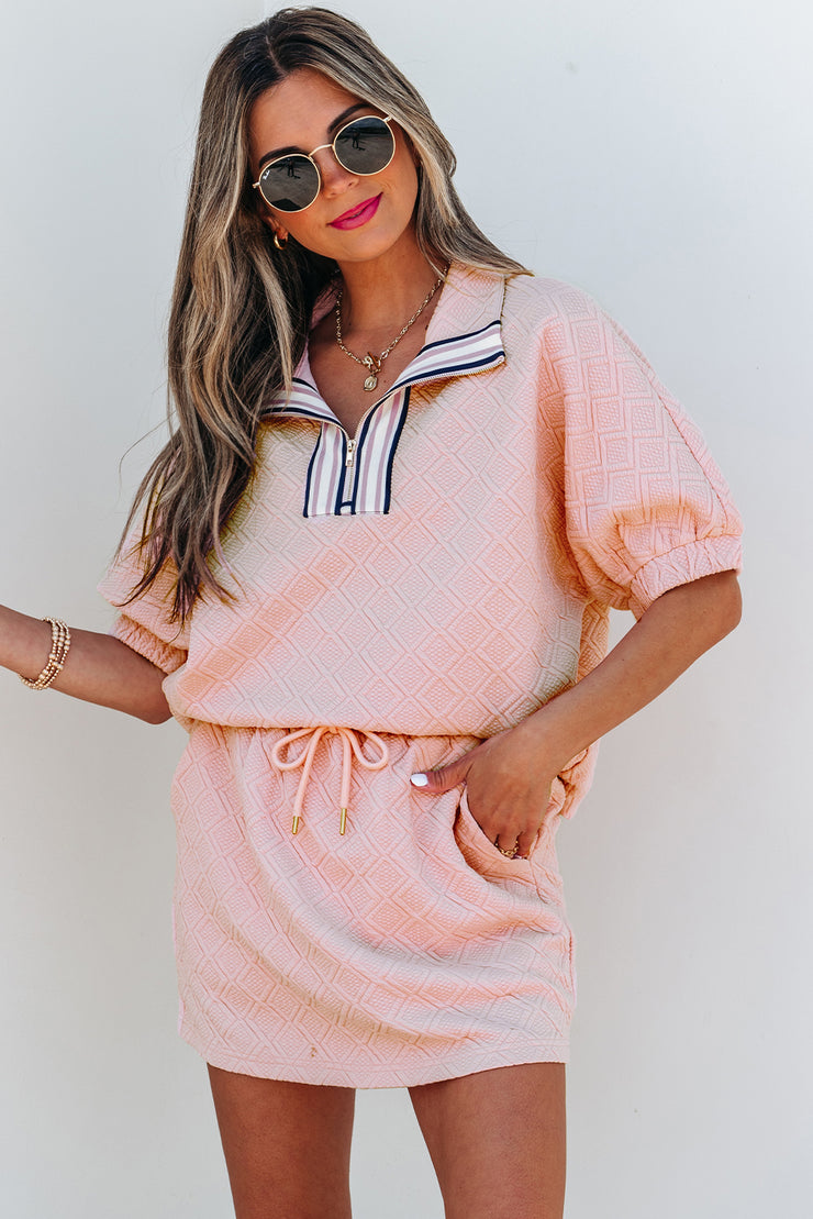 Light Pink Striped Collared Zip up Textured Skirt Set