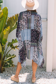 Blue Retro Floral Print Long Loose Open Front Kimono