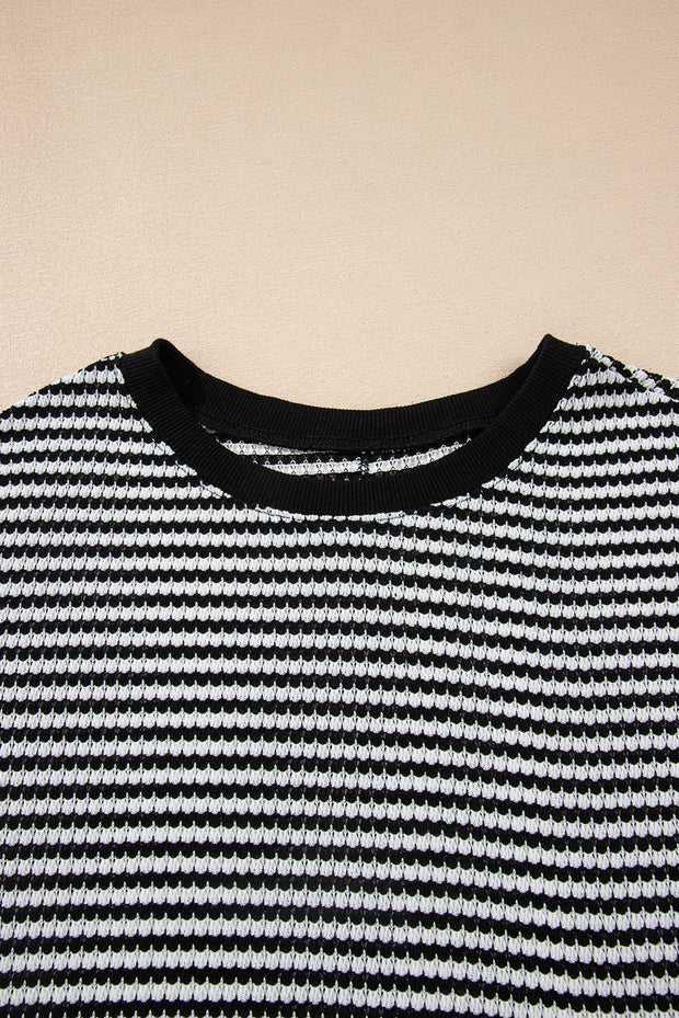 Black Stripe Ribbed Trim Drop Shoulder Long Sleeve Oversize Top