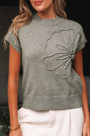 High Flower Pattern Ribbed Trim Short Sleeve Boxy Sweater