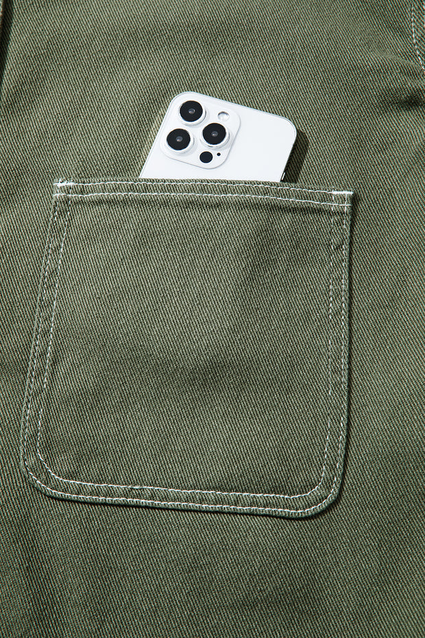 Smoke Green Patched Pocket Collared Button Front Boyfriend Denim Jacket