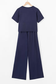 Navy Blue Raw Hem Loose Tee and Wide Leg Pants Set