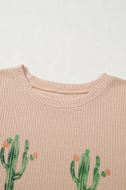 Light French Beige Cactus Forest Waffle Half Sleeve Tee Short Set
