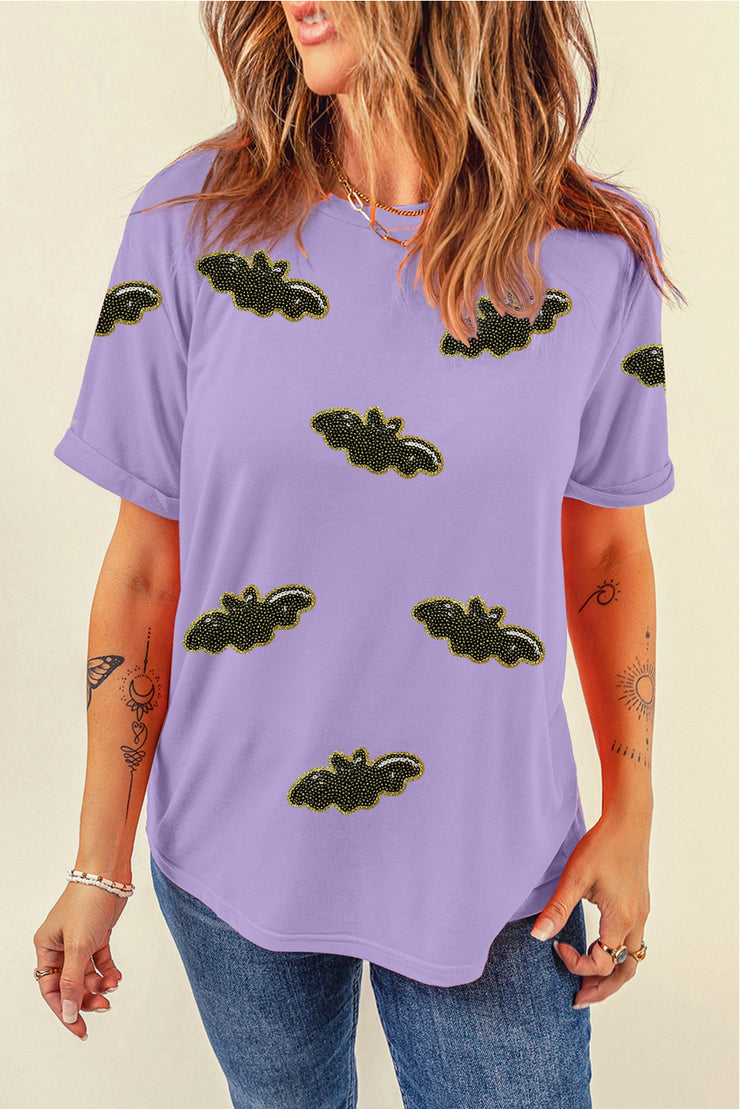 Wisteria Sequin Halloween Bat Patched Casual T Shirt