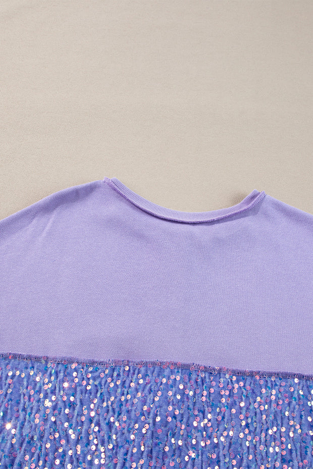 Lilac Sequin Patchwork High Low Hem Henley Sweatshirt