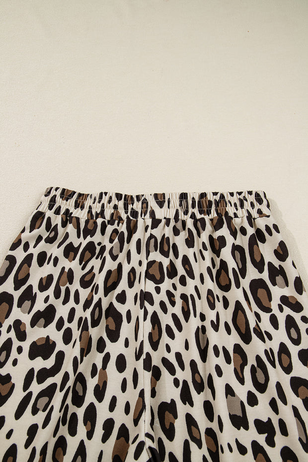 Khaki Leopard Wide Leg Cropped Pants