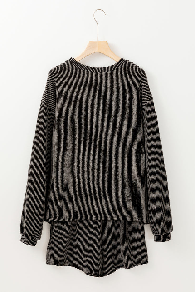 Carbon Grey Bowknot Patched Pattern Corded Long Sleeve Top and Shorts Outfit