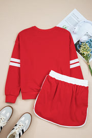 Fiery Red Varsity Stripe Detail Drop Shoulder Pullover Mini Skirt Set