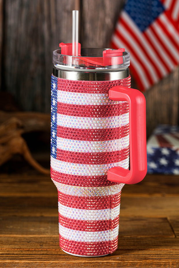 Red Rhinestone American Flag Print Handled 40oz Tumbler