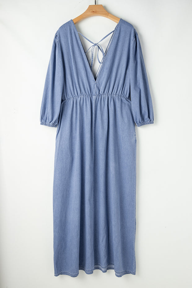 Vestido largo Myosotis Chambray con escote en V profundo y mangas con brazalete