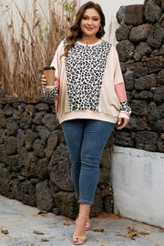 Gray Leopard Color Block Patchwork Reverse Stitch Plus Size Baggy Pullover