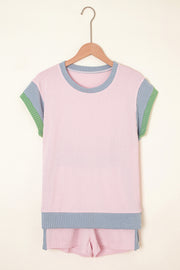 Light Pink Colorblock Corded Short Sleeve Boxy Top and Shorts Set