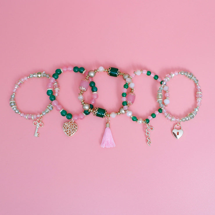 Pink Green Glass Love AKA Bracelets|Stretch to Fit