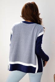 Blue Stripe Color Block Patchwork Dolman Oversize Tunic Sweater