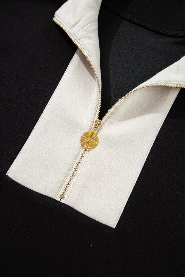 Black Contrast Zipped Stand Collared T Shirt and Short Set