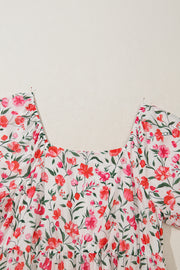 Pink Plus Size Floral Square Neck Puff Sleeve Ruffle Maxi Dress