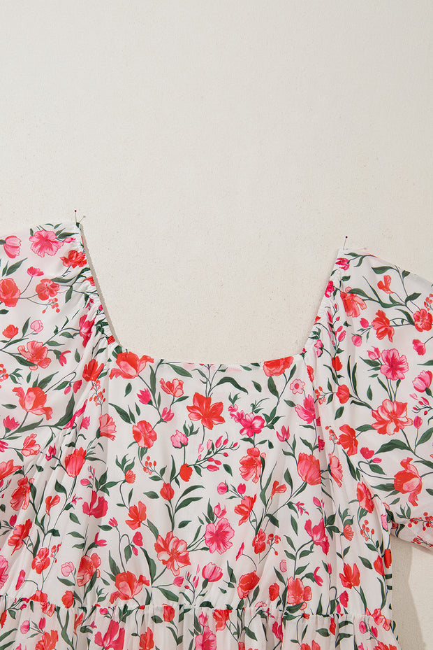 Pink Plus Size Floral Square Neck Puff Sleeve Ruffle Maxi Dress