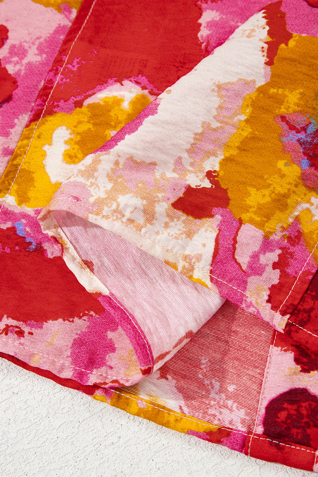 Red Abstract Print Split V Neck Ruffle Short Sleeve Blouse