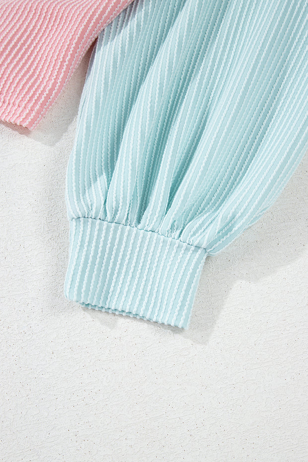 Pink Corded Colorblock Patchwork Drop Shoulder Long Sleeve Top