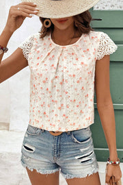 Pink Floral Print Embroidery Detail Crochet Cap Sleeve Blouse