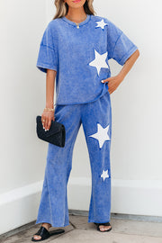 Ashleigh Blue Acid Wash Star Patched Rolled Trim Pants Set