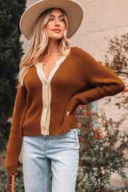 Chestnut Contrast Knit V Neckline Short Cardigan