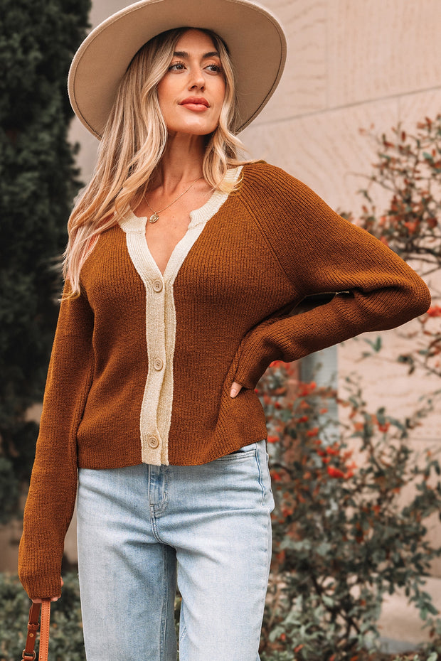 Chestnut Contrast Knit V Neckline Short Cardigan
