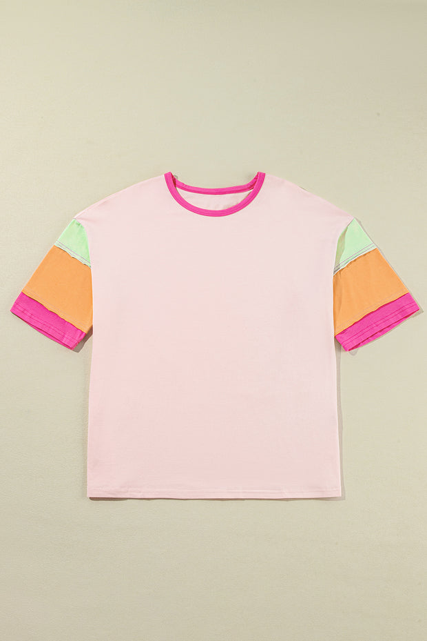 Pink Color Block Stitching Sleeve Round Neck Oversize Top