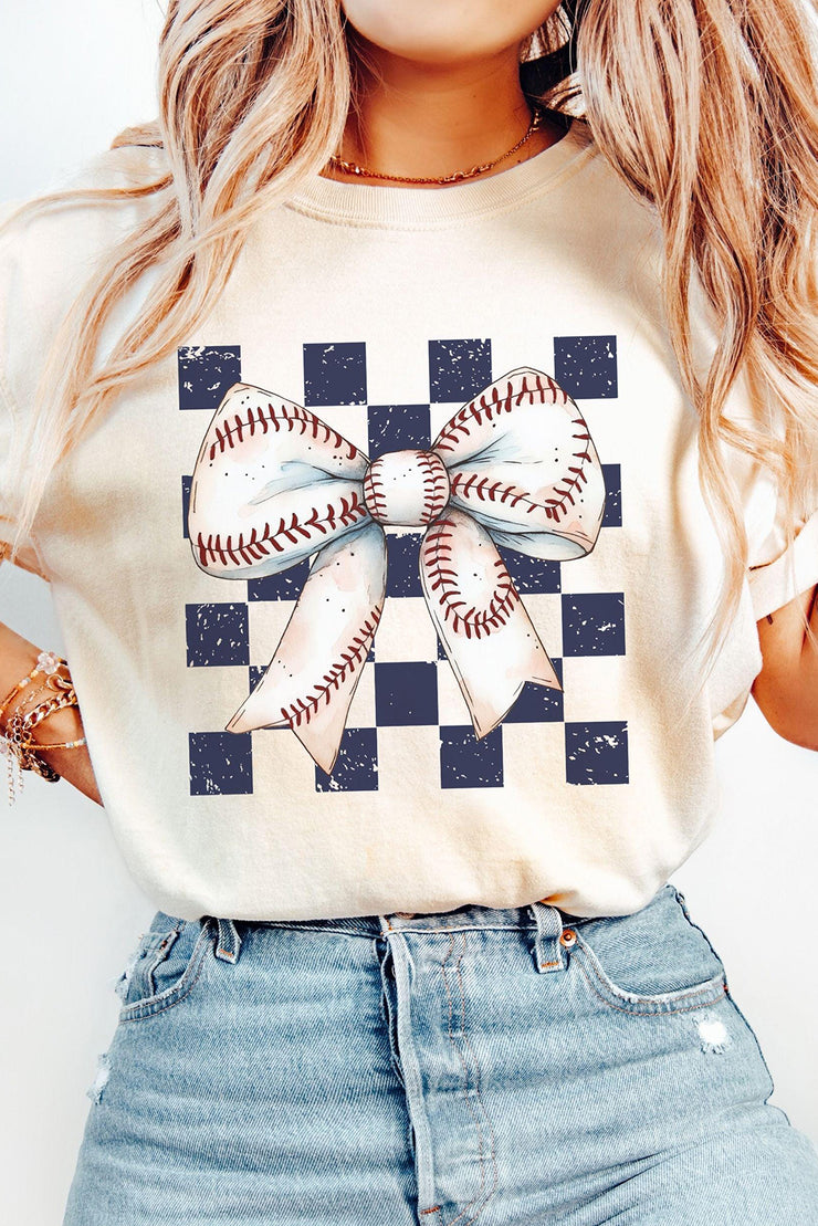 White Checkered Rugby Bowknot Graphic Crew T Shirt