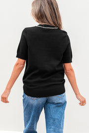 Black Pearl Bow Necklace Embellished Short Sleeve Knitted T Shirt