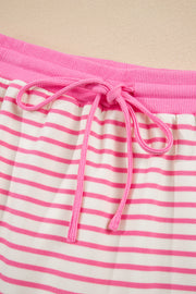 Pink Stripe Collared V Neck Drop Shoulder Pullover and Skort 2pcs Outfit