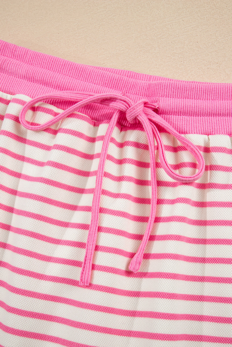 Pink Stripe Collared V Neck Drop Shoulder Pullover and Skort 2pcs Outfit