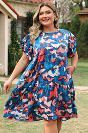 Blue Abstract Print Shirred Ruffled Short Sleeve Tiered Plus Size Mini Dress